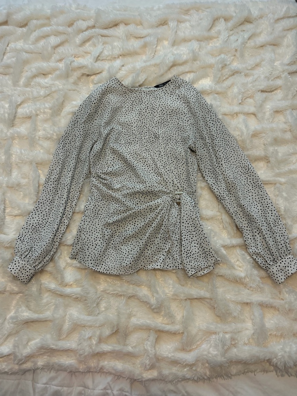 Zara Cream and Black Polka Dot Wrap-Style Blouse